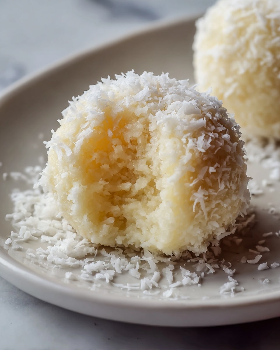 White parchment-lined baking tray filled with an array of uniform round coconut balls, each generously coated in shredded coconut, showcasing a full batch of these delicate, snowy-white confections. The tray is positioned on a white marble background with natural lighting emphasizing the soft texture and subtle gloss of the coconut. Professional food magazine style photo, overhead angle capturing every coconut ball in the frame, photo taken with an iphone --ar 4:5 --v 7