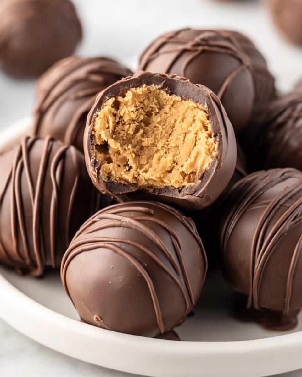 Large white bowl filled to the brim with smooth, perfectly rounded chocolate peanut butter balls, each drizzled with delicate lines of rich chocolate, showcasing a glossy finish, arranged in a neat pile on a white marble surface with whole raw peanuts scattered around, captured in natural lighting from a 3/4 angle like a high-end food magazine hero shot, photo taken with an iphone --ar 4:5 --v 7