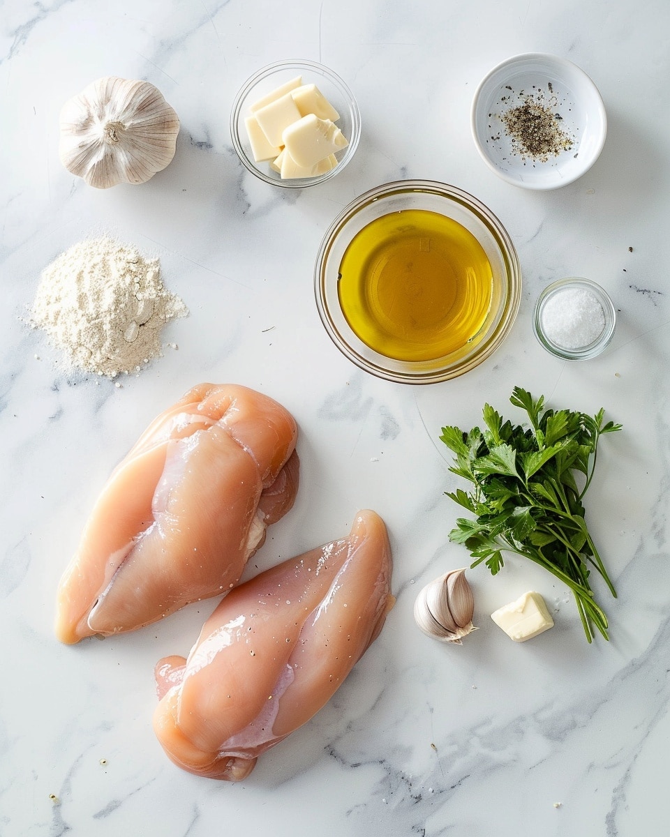 Single white plate with a plated serving of a golden-brown chicken breast smothered in creamy garlic sauce, surrounded by a scoop of creamy mashed potatoes with roasted garlic cloves nestled inside, and a side of bright green steamed green beans drizzled lightly with sauce, close-up angled view emphasizing the smooth textures of the sauce and fluffy mashed potatoes, garnished with finely chopped herbs and freshly ground black pepper, set on a white marble surface with natural lighting, styled like a food blog photo taken with an iphone --ar 4:5 --v 7