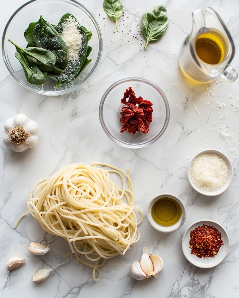 Single white plate with a neatly twirled portion of creamy pasta coated in a rich, velvety sauce, speckled with fresh spinach leaves and sun-dried tomato pieces, close-up angled view highlighting the thick sauce clinging to the strands and the vibrant green and red ingredients, subtle herbs sprinkled on top, served on a white marble surface under natural light, intimate plated serving photo taken with an iphone --ar 4:5 --v 7