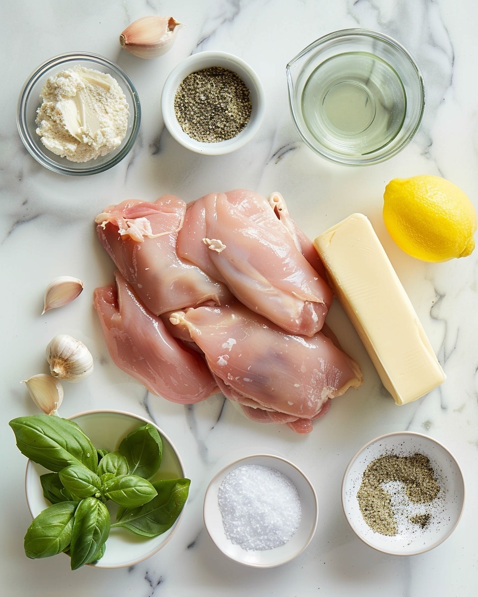 Single white plate featuring one tender, golden-browned chicken breast smothered in a creamy lemon basil sauce, garnished with freshly chopped basil leaves and a sprinkling of cracked black pepper, close-up angled shot revealing the juicy interior of the chicken where the sauce pools invitingly around it, resting on a pristine white marble surface under soft natural lighting, styled elegantly as a ready-to-eat plated serving photo taken with an iphone --ar 4:5 --v 7