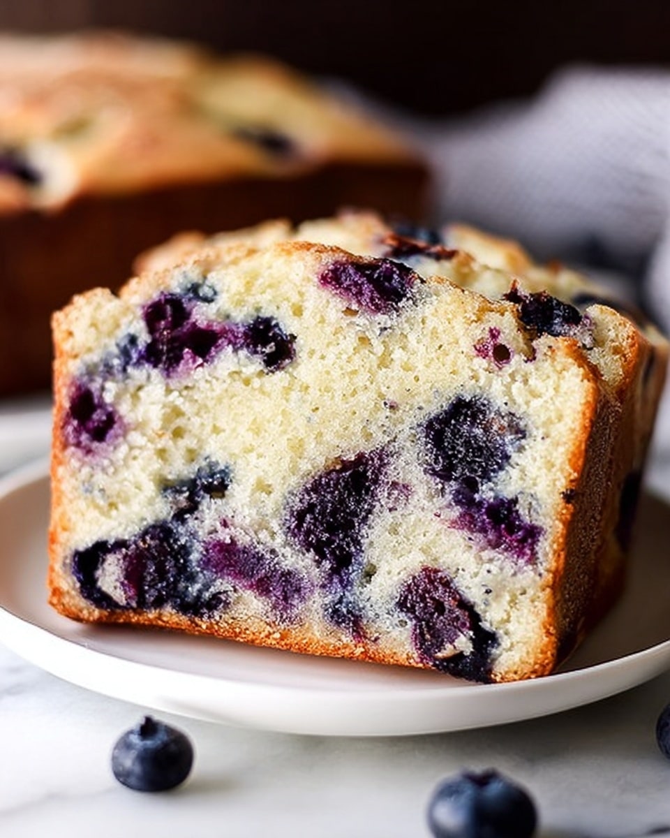 Full rectangular black baking pan filled with a golden-brown blueberry loaf cake, the top textured with a perfectly baked crust and dotted with juicy blueberries throughout, resting on natural burlap and a navy blue cloth, photographed from a 3/4 angle showing the entire intact loaf, set against a white marble background with natural lighting, styled like a hero food magazine shot, photo taken with an iphone --ar 4:5 --v 7