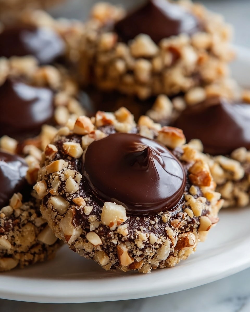 Multiple chocolate thumbprint cookies arranged on a white marble surface, each cookie generously coated with chopped nuts around the edges and filled with glossy, smooth dark chocolate centers, whole batch displayed at a 3/4 angle with natural lighting, styled for a food magazine hero shot photo taken with an iphone --ar 4:5 --v 7
