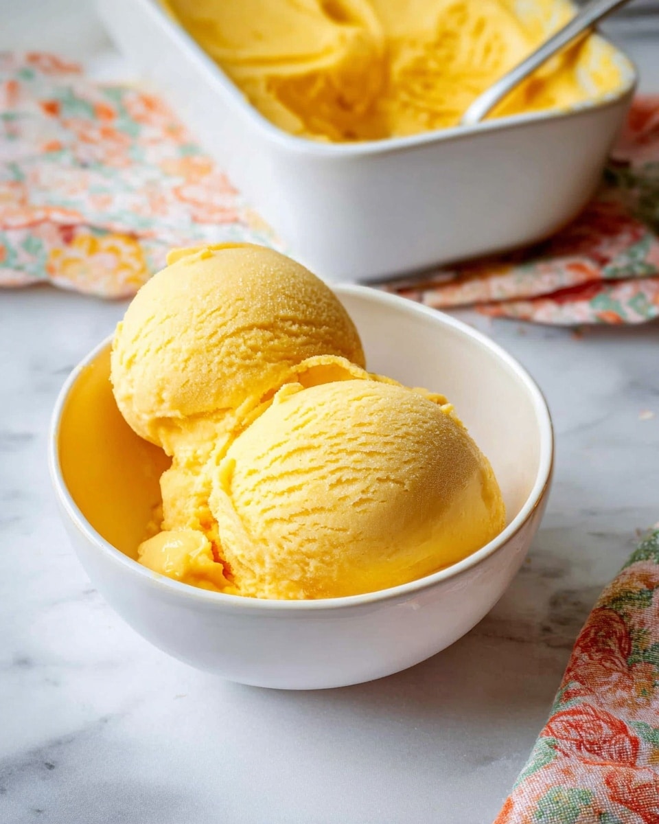 Rectangular white glass container filled with creamy, smooth homemade mango ice cream, evenly spread and slightly textured on top, showcasing its rich golden-yellow color, placed on a white marble countertop with natural lighting highlighting its velvety texture, photographed from a 3/4 angle as a professional food magazine hero shot, entire dish in frame, photo taken with an iphone --ar 4:5 --v 7
