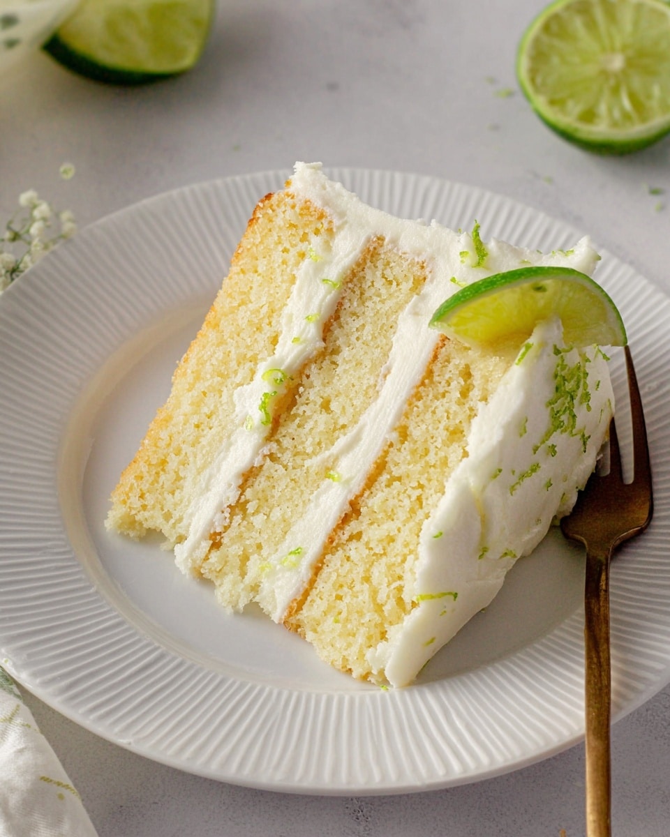 Whole round key lime cake on a white plate, smoothly frosted with creamy white icing, topped with evenly spaced rosettes of piped frosting each adorned with a thin, fresh lime slice and delicate lime zest sprinkled across the surface, presented fully assembled and uncut, photographed from a 3/4 angle on a white marble countertop with natural lighting, styled as a professional hero food shot, photo taken with an iphone --ar 4:5 --v 7