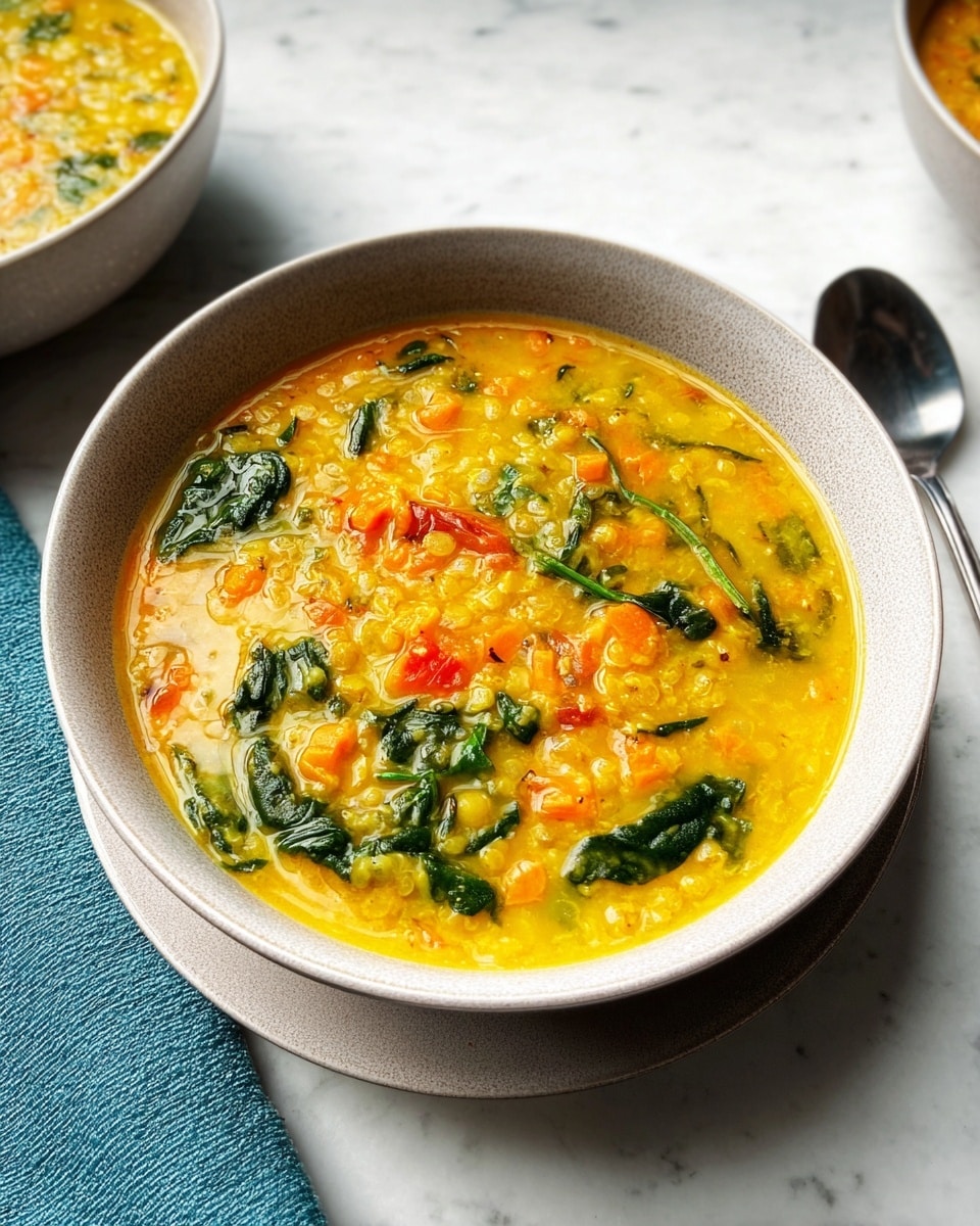 Large white ceramic bowl filled to the brim with creamy yellow lentil soup, showing vibrant chunks of carrots, fresh spinach leaves and tomatoes swirled throughout the thick, hearty broth, multiple bowls arranged together on a pristine white marble countertop, bathed in natural light with a professional food magazine hero shot style, photo taken with an iphone --ar 4:5 --v 7