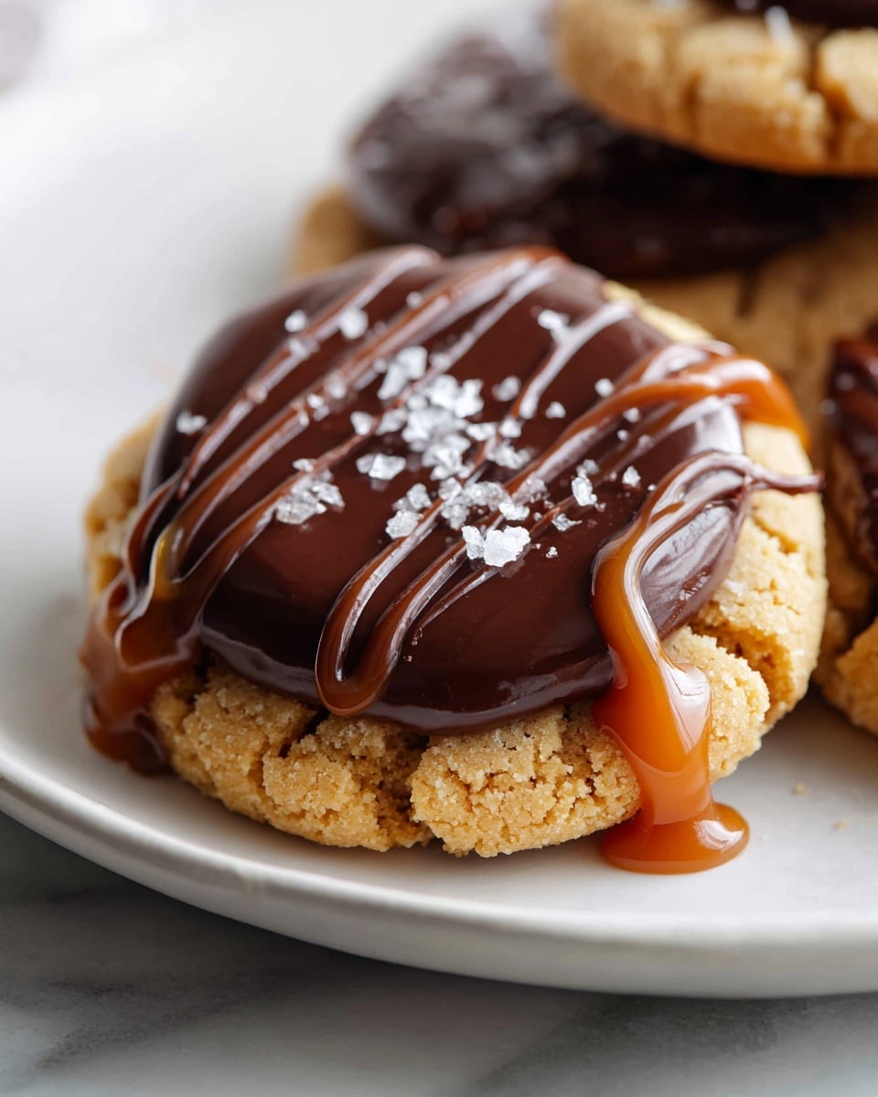 White rectangular baking tray filled with a full batch of round, golden peanut butter cookies topped evenly with glossy, rich dark chocolate ganache and lightly sprinkled with flaky sea salt, arranged in a neat grid pattern, whole dish showcased from a slight 3/4 angle on a pristine white marble countertop bathed in natural light, styled as a high-end food magazine hero shot photo taken with an iphone --ar 4:5 --v 7