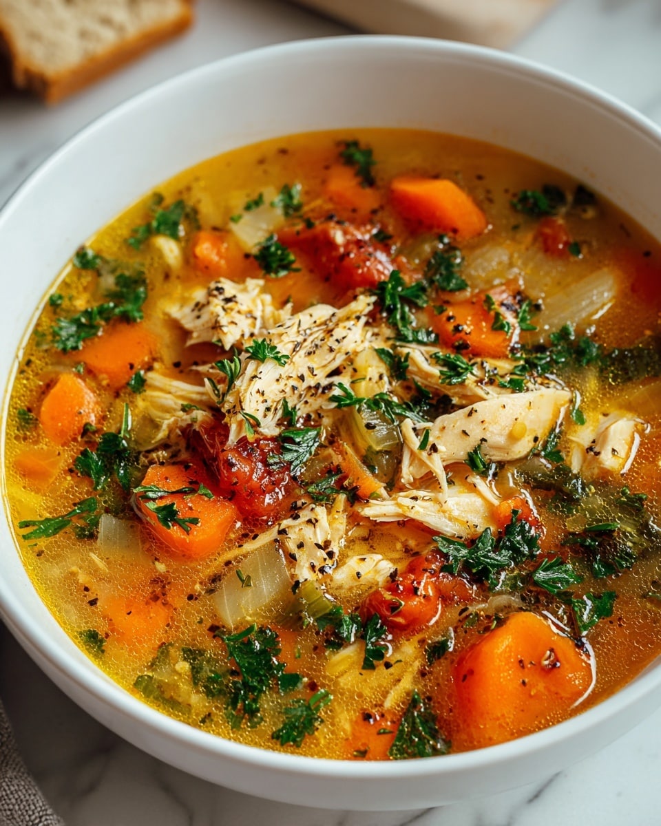 Large white serving bowl filled with hearty homemade chicken soup featuring tender shredded chicken, chunky carrots, celery, onions, and fresh parsley in a golden clear broth, accompanied by two additional white bowls of the same soup arranged neatly on a white marble countertop, illuminated by natural light, professional food styling, whole dish presentation photo taken with an iphone --ar 4:5 --v 7