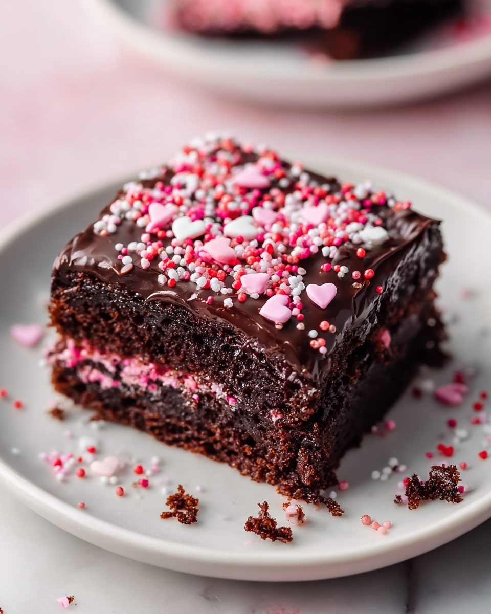 Whole rectangular baking pan filled with a layered dessert consisting of a rich chocolate brownie base topped with a thick smooth layer of pink frosting, generously sprinkled with white, pink, and gray festive sprinkles, the entire uncut dish presented on a white marble countertop with natural lighting, styled as a professional hero shot taken with an iphone --ar 4:5 --v 7