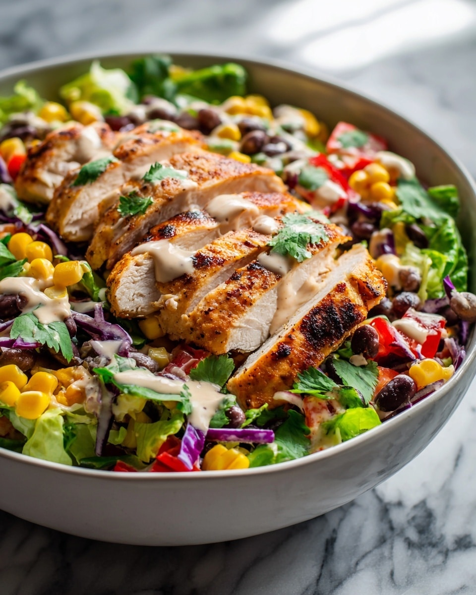 Large white serving bowl filled with a vibrant chicken salad featuring perfectly grilled whole chicken breasts sliced and arranged atop a bed of fresh mixed greens, including crisp romaine, purple cabbage, and shredded carrots, generously topped with bright yellow corn kernels, red kidney beans, diced tomatoes, and sprinkled with fresh cilantro leaves, drizzled with creamy southwestern dressing, displayed as a full complete dish in an overhead professional food magazine style shot on a white marble background with natural lighting, photo taken with an iphone --ar 4:5 --v 7