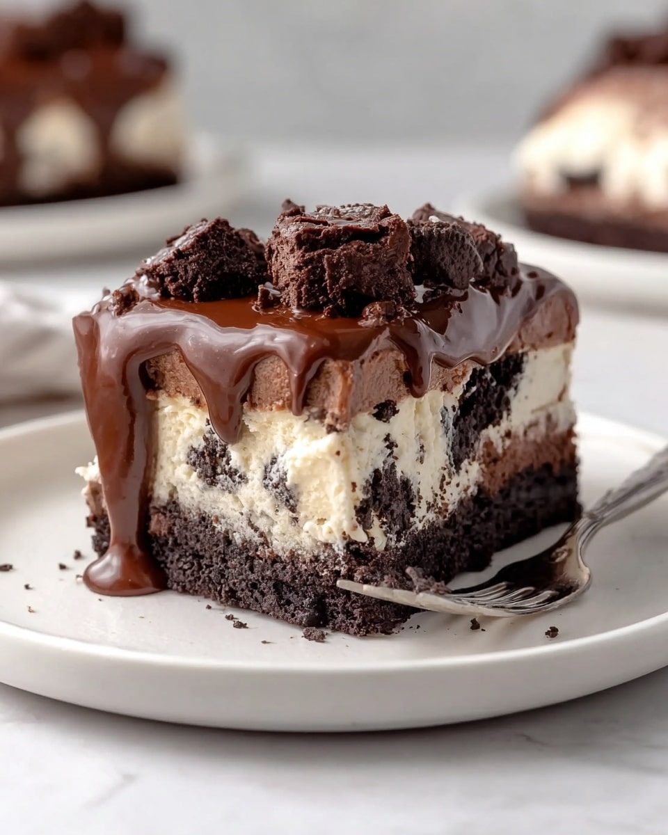 Round chocolate brownie ice cream cake on a white cake stand, topped with a smooth glossy chocolate ganache that elegantly drips down the sides, garnished with an abundance of rich chocolate brownie chunks arranged on top, showcasing the cake's layered texture with dense fudgy brownie base, thick creamy vanilla ice cream center, and decadent ganache coating, captured in a professional 3/4 angle shot on a pristine white marble background with natural lighting, styled like a hero shot from a food magazine, photo taken with an iphone --ar 4:5 --v 7