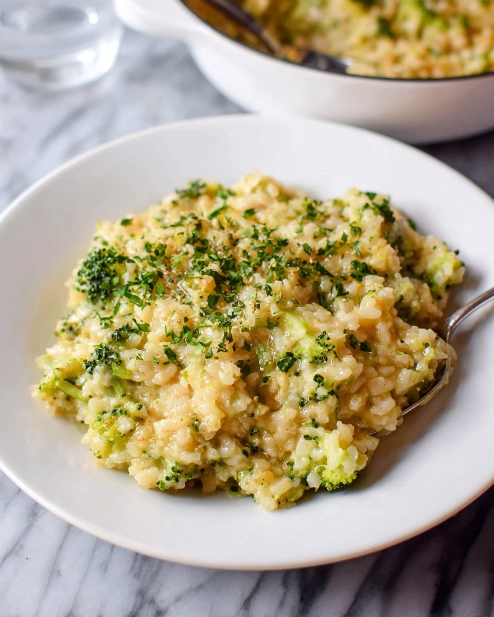Large black sauté pan filled with creamy broccoli risotto, the rice perfectly cooked and evenly mixed with finely chopped broccoli pieces and herbs, the dish showing its full hearty texture and rich consistency, steam gently rising, placed on a white marble countertop, natural lighting highlighting the glossy surface of the risotto, professional food styling, photo taken with an iphone --ar 4:5 --v 7