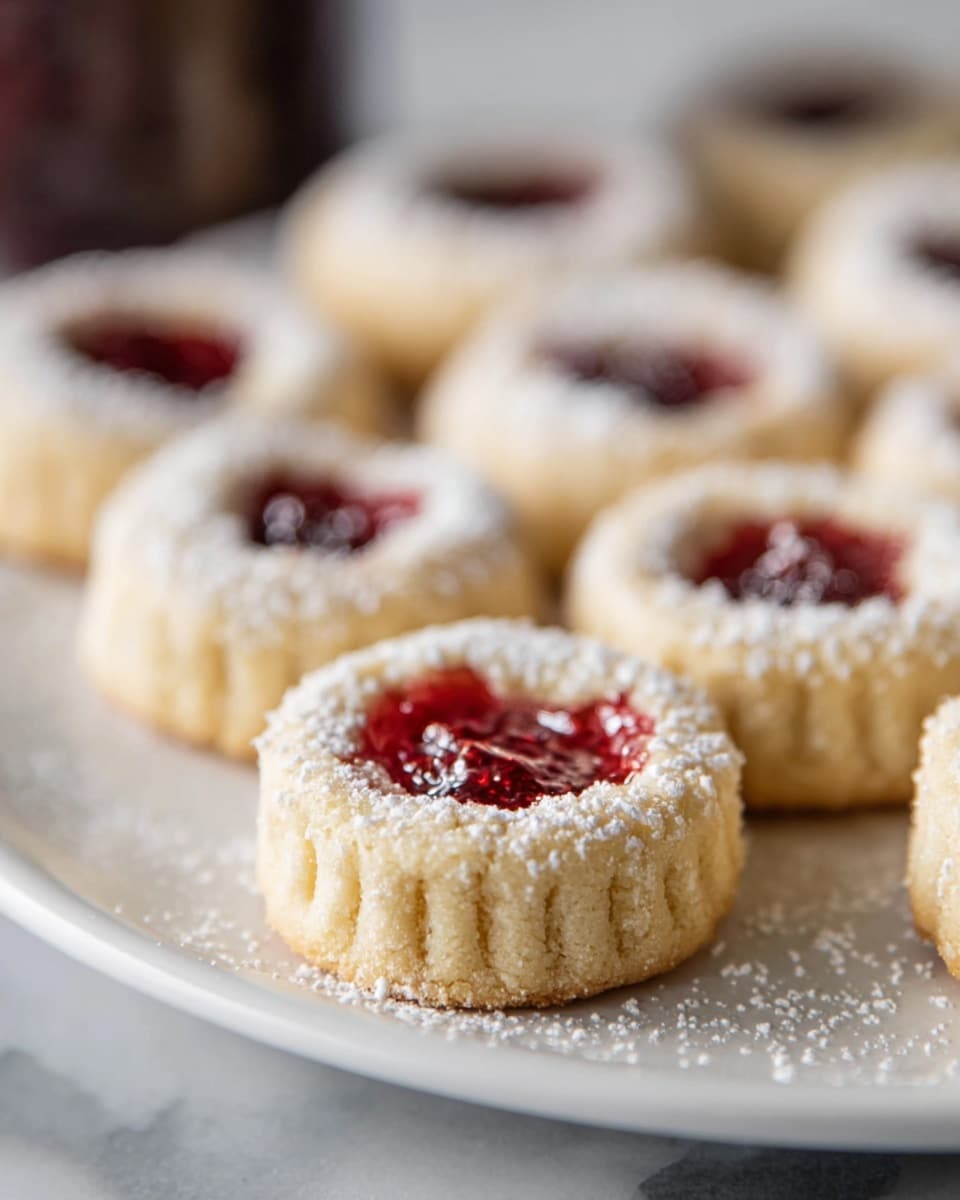Large white serving platter filled with an array of delicate thumbprint cookies, each topped with a glossy red jam center and generously dusted with powdered sugar, arranged neatly to showcase their uniform round shape and soft texture, photographed from a professional overhead angle on a white marble countertop with natural lighting, capturing a full view of the entire batch as a hero shot from a food magazine, photo taken with an iphone --ar 4:5 --v 7