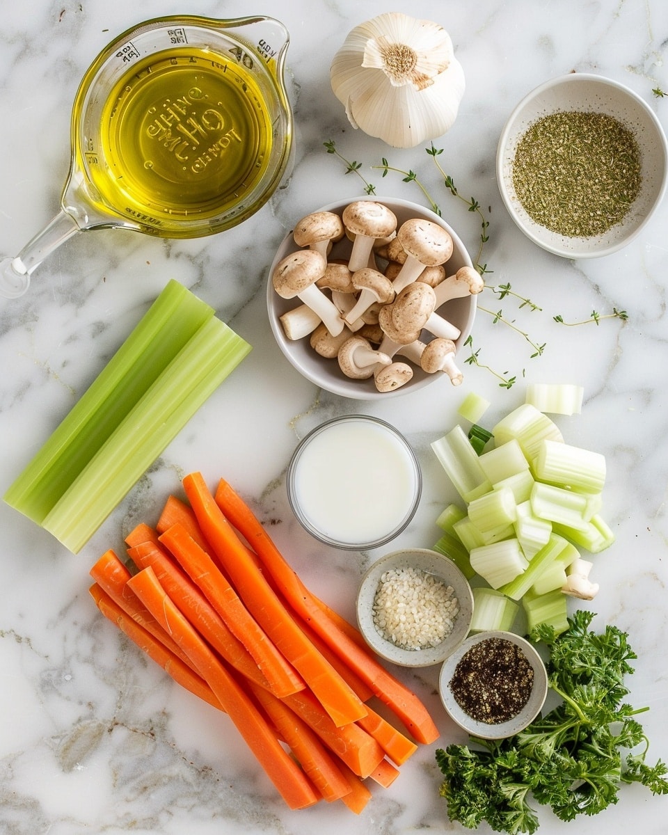 Single white bowl with a close-up, intimate view of a single serving of creamy mushroom and wild rice soup, showcasing tender sliced mushrooms, vibrant orange carrot slices, celery bits, and fluffy wild and white rice in a rich, golden broth, garnished with freshly chopped green herbs, all placed on a pristine white marble surface, natural lighting highlighting the textures and warmth of the dish, styled as a ready-to-eat bowl from a food blog, photo taken with an iphone --ar 4:5 --v 7
