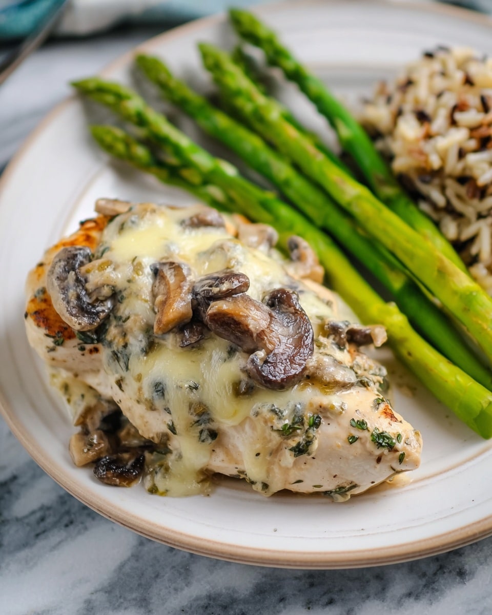 Large white rectangular baking dish filled with multiple whole chicken breasts topped generously with sautéed mushrooms, creamy herb sauce, and melted cheese, arranged evenly across the dish with some fresh herbs sprinkled on top, accompanied by clusters of tender grilled asparagus neatly packed beside the chicken, all photographed at a 3/4 angle on a pristine white marble countertop, bathed in natural light, styled as a hero shot from a high-end food magazine, photo taken with an iphone --ar 4:5 --v 7