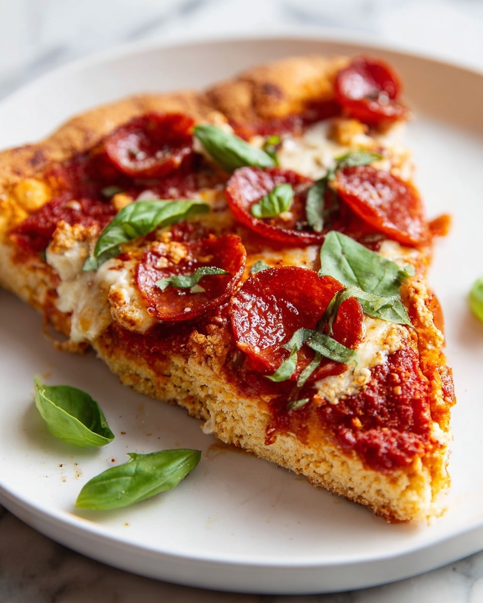 Whole uncut pepperoni pizza on a large white plate, topped generously with round slices of spicy pepperoni, dollops of creamy ricotta cheese, thin rings of red onion, and fresh green basil leaves scattered evenly across vibrant tomato sauce and melted cheese, all resting on a white marble countertop under soft natural lighting, captured from a professional 3/4 angle food magazine style, photo taken with an iphone --ar 4:5 --v 7