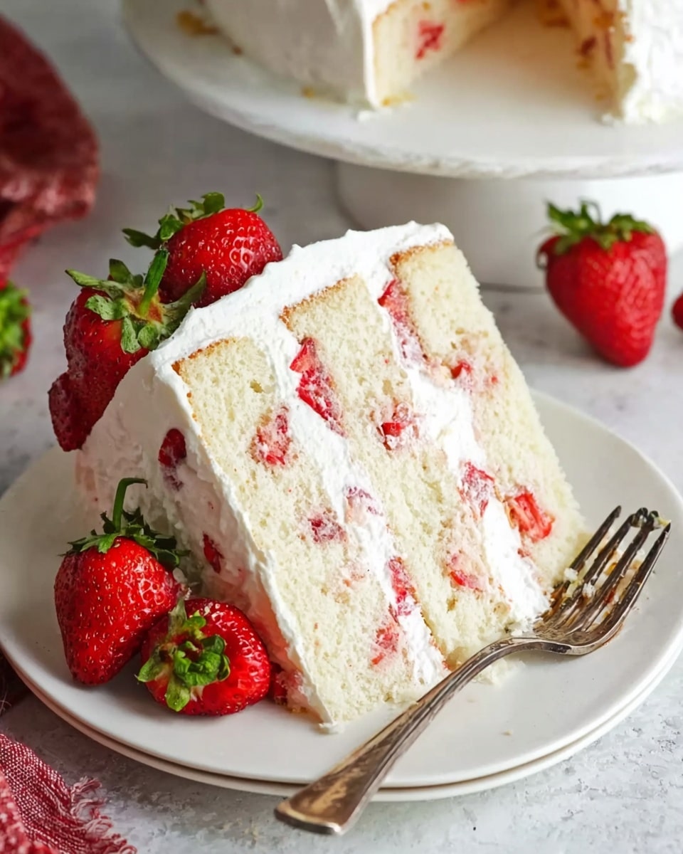 Entire round strawberry cake fully frosted with creamy white frosting embedded with fresh strawberry pieces, beautifully decorated with a ring of whole ripe strawberries placed along the top edge, displayed on a white cake stand, photographed from a 3/4 angle on a white marble countertop with natural lighting, styled like a hero shot in a food magazine, photo taken with an iphone --ar 4:5 --v 7