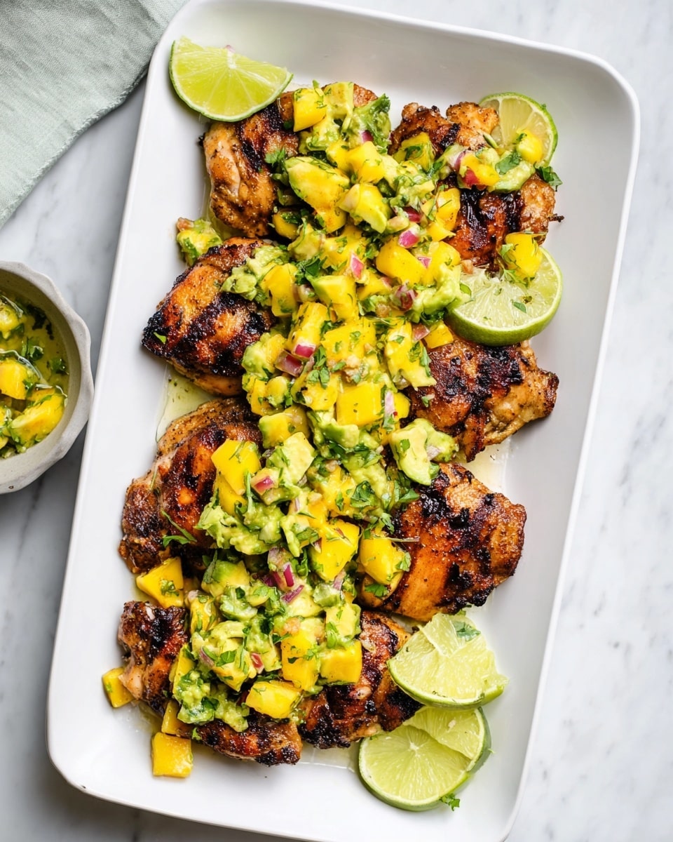 Large white rectangular serving dish filled with several grilled chicken thighs topped generously with vibrant mango avocado salsa made from chunky mango and avocado pieces mixed with fresh herbs, accompanied by lime wedges on the side, shot from a 3/4 angle on a white marble surface with natural lighting, styled like a hero food magazine photo, entire dish visible in frame, professional presentation photo taken with an iphone --ar 4:5 --v 7
