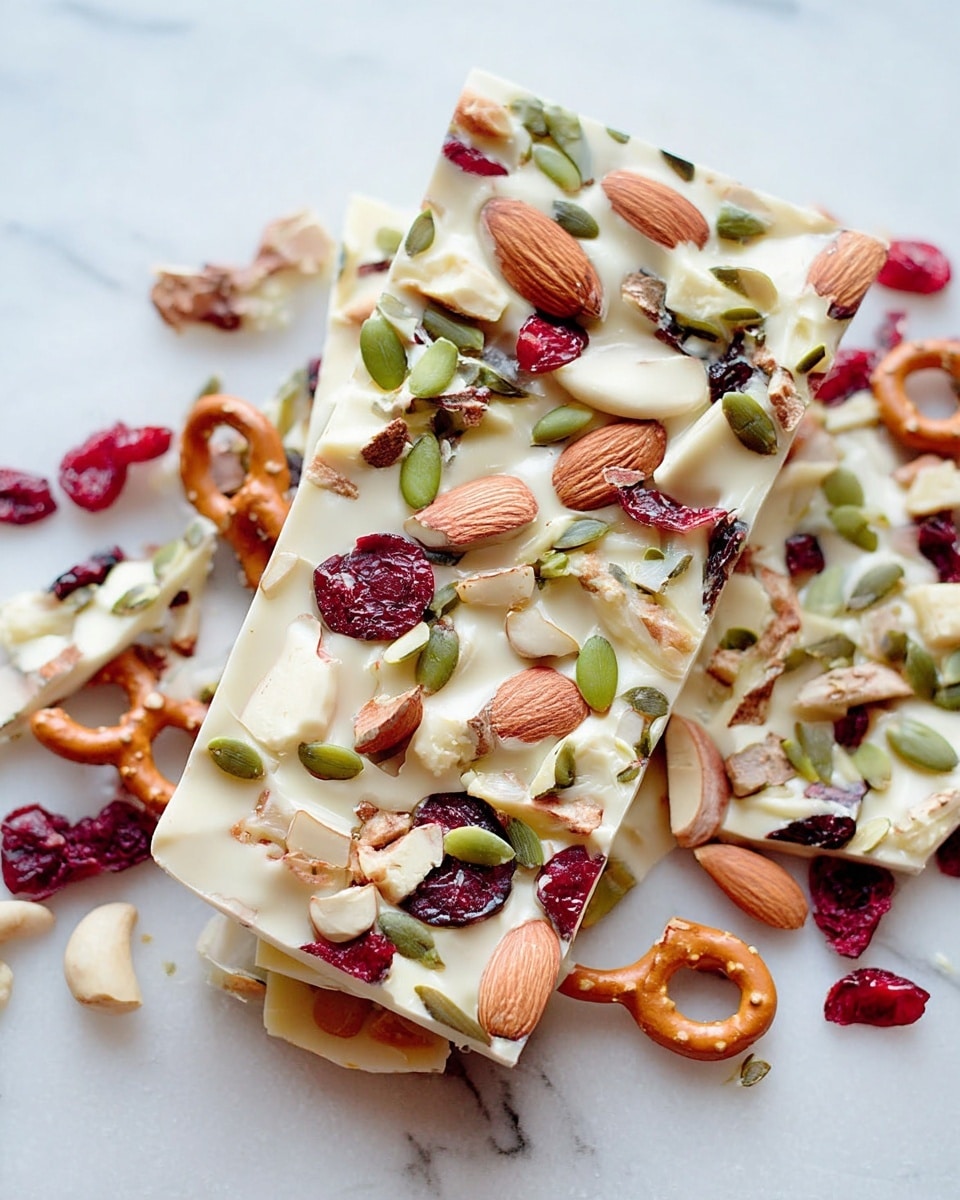 Large white rectangular platter featuring an entire sheet of white chocolate bark generously studded with whole almonds, pretzel pieces, pumpkin seeds, sunflower seeds, and dried cranberries, artfully scattered across the smooth chocolate surface, set against a white marble background with natural lighting, professional overhead food magazine style photo taken with an iphone --ar 4:5 --v 7