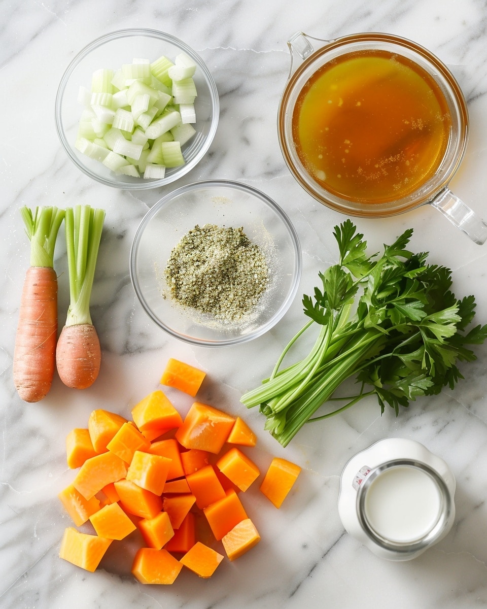 Single white bowl filled with a creamy vegetable soup showcasing vibrant chunks of pumpkin, carrot slices, and celery pieces immersed in a rich, golden broth, close-up angle highlighting the fresh herbs and texture of the vegetables, steam gently rising, placed on a white marble surface, intimate plated serving photo taken with an iphone --ar 4:5 --v 7