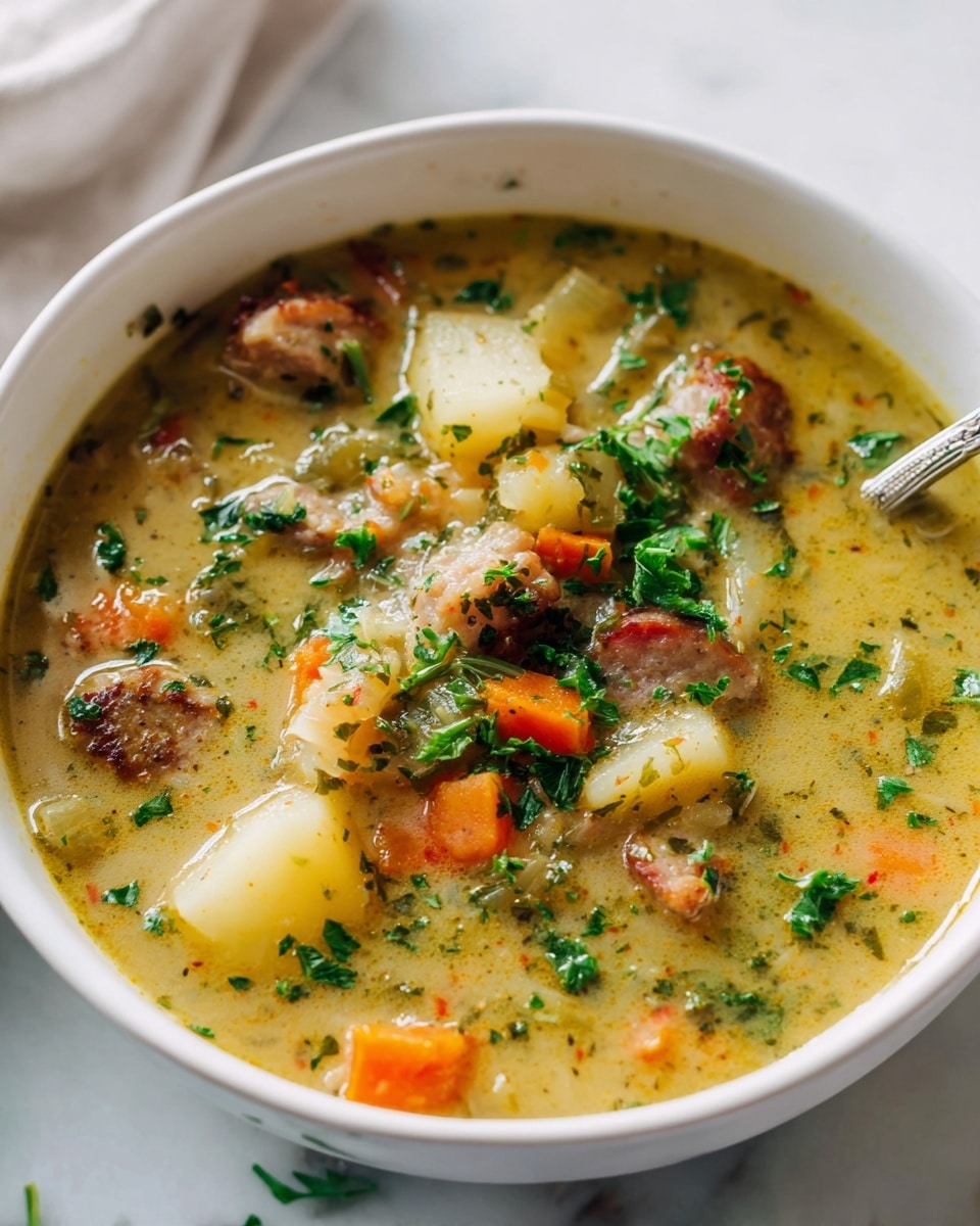 Large white bowl filled with hearty homemade soup featuring tender chunks of potatoes, pieces of savory sausage, baby carrots, and fresh herbs all swimming in a rich, golden broth, multiple bowls arranged together showcasing the wholesome, rustic meal, photographed from a professional 3/4 angle on a white marble countertop with natural lighting, styled like a hero shot from a food magazine, photo taken with an iphone --ar 4:5 --v 7