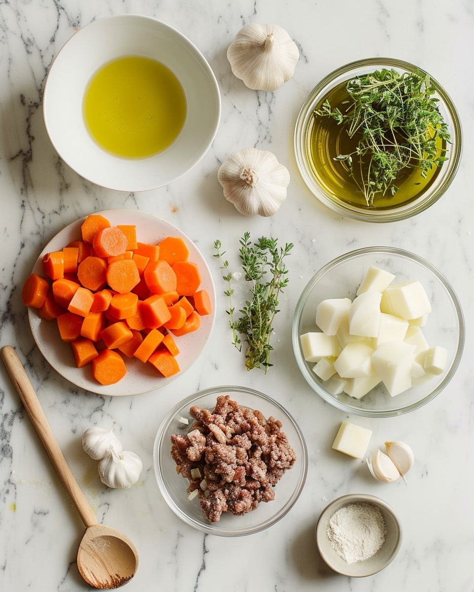 Single white bowl featuring one hearty serving of thick vegetable and sausage soup, close-up shot capturing chunky pieces of sausage, diced carrots, potatoes, and fresh herbs floating in a rich, creamy broth, garnished with chopped parsley, placed on a white marble surface under natural lighting, styled as a warm and inviting individual portion ready to eat, photo taken with an iphone --ar 4:5 --v 7