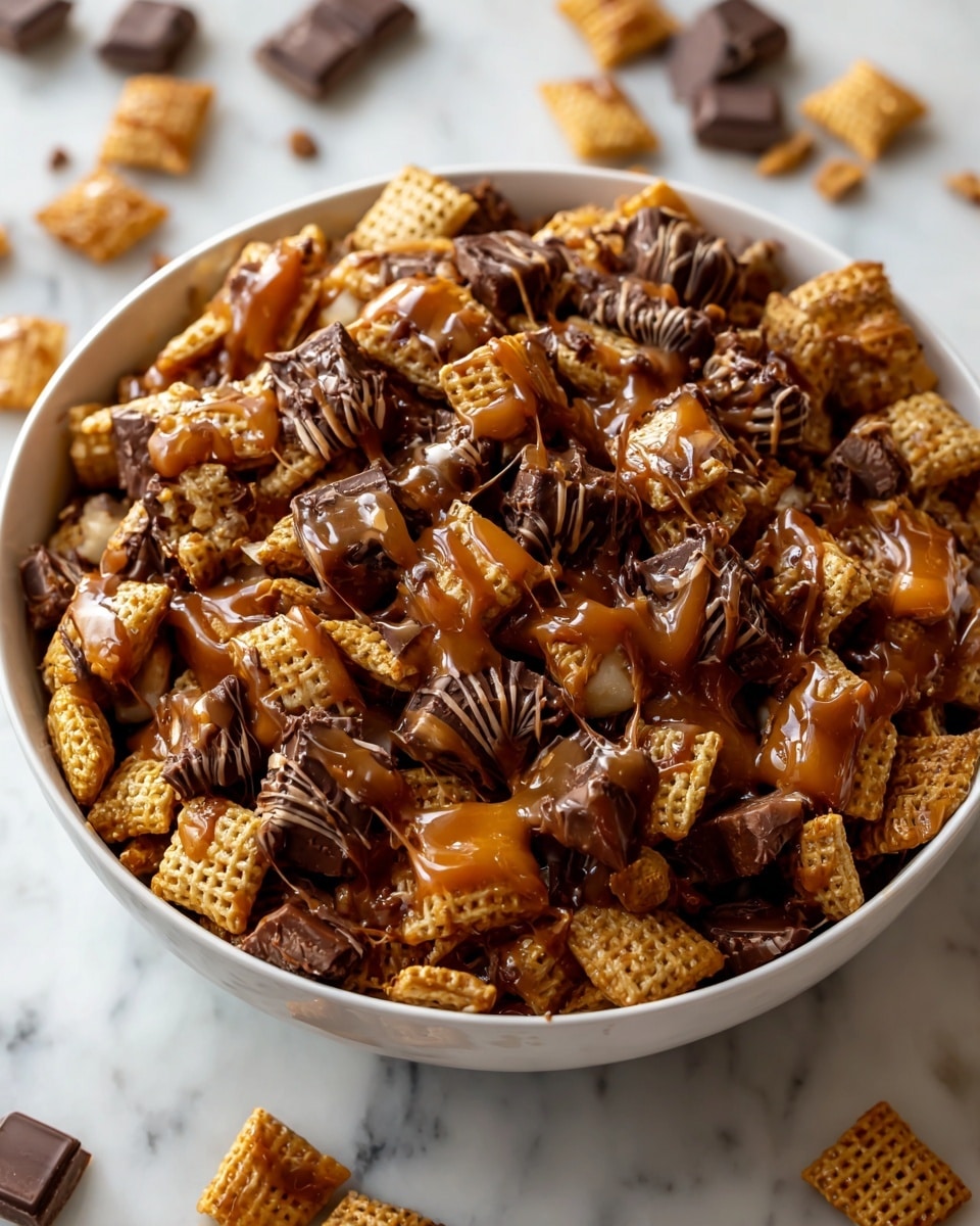Large white serving bowl filled with a generous batch of caramel-coated Chex cereal mix, richly drizzled with thick caramel sauce, studded with chunks of dark chocolate pieces decorated with swirls of milk chocolate, surrounded by scattered cereal pieces and chocolate chunks, photographed from a 3/4 angle on a white marble countertop with natural lighting, professional food styling photo taken with an iphone --ar 4:5 --v 7
