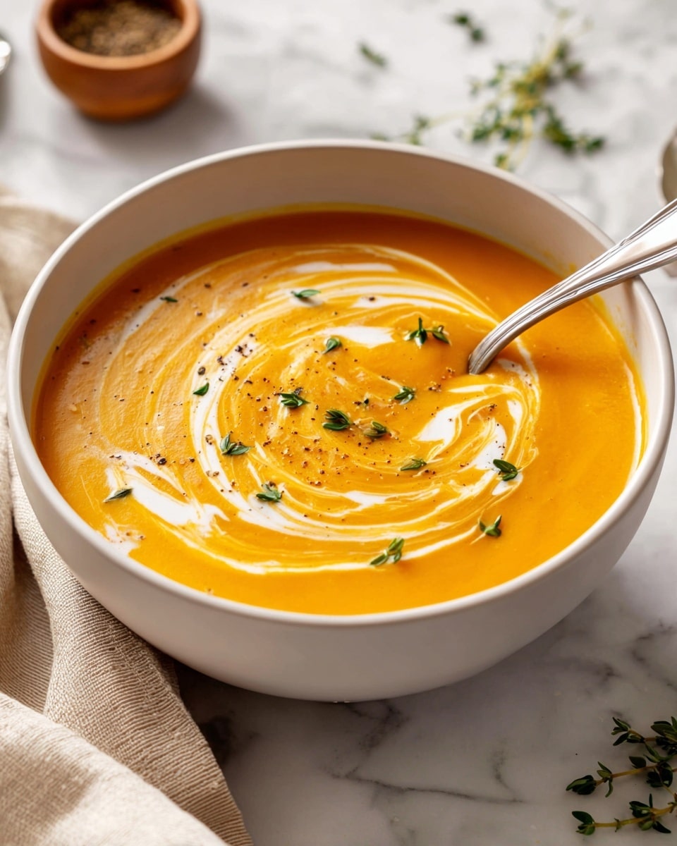 Large white bowl filled with smooth, creamy pumpkin soup swirled with dollops of rich cream and garnished with fresh thyme leaves, the entire bowl shown on a white marble countertop with natural light highlighting the vibrant orange color and velvety texture, professional food styling photo taken with an iphone --ar 4:5 --v 7
