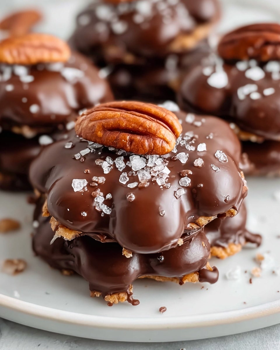 Multiple chocolate-covered pecan cluster cookies arranged together on white parchment paper, each cookie generously coated with smooth, shiny milk chocolate, topped with a whole toasted pecan and sprinkled with coarse sea salt crystals, showcasing the rich texture of the chocolate and the crunch of the nuts, shot at a close 3/4 angle on white marble background with natural lighting, professional food magazine style photo taken with an iphone --ar 4:5 --v 7