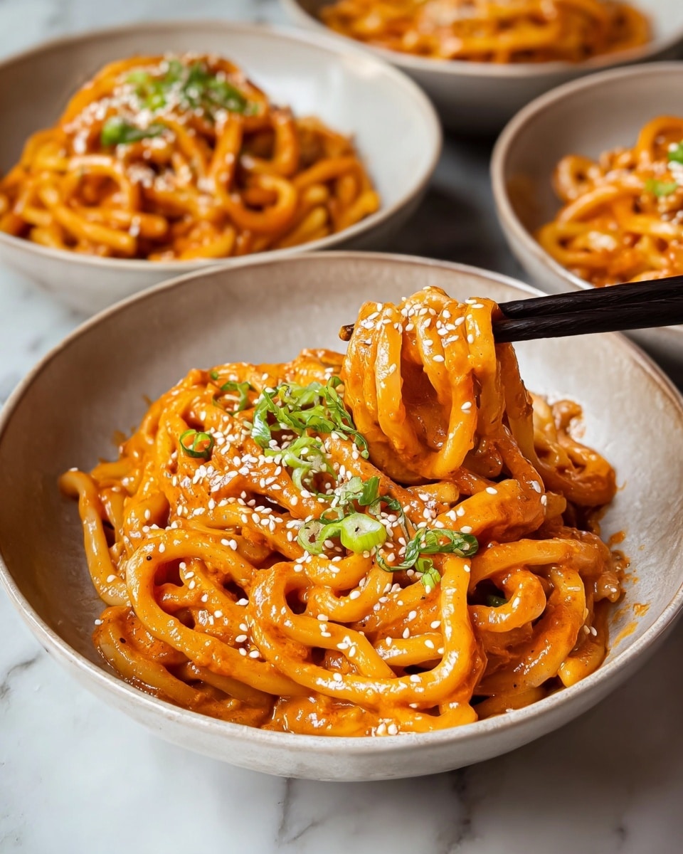 Large white serving bowls filled with creamy, spicy udon noodles coated in a rich orange sauce, generously garnished with chopped green onions and white sesame seeds, arranged together on a white marble countertop, captured in a professional 3/4 angle food magazine style photo with natural lighting, whole dish presentation, photo taken with an iphone --ar 4:5 --v 7
