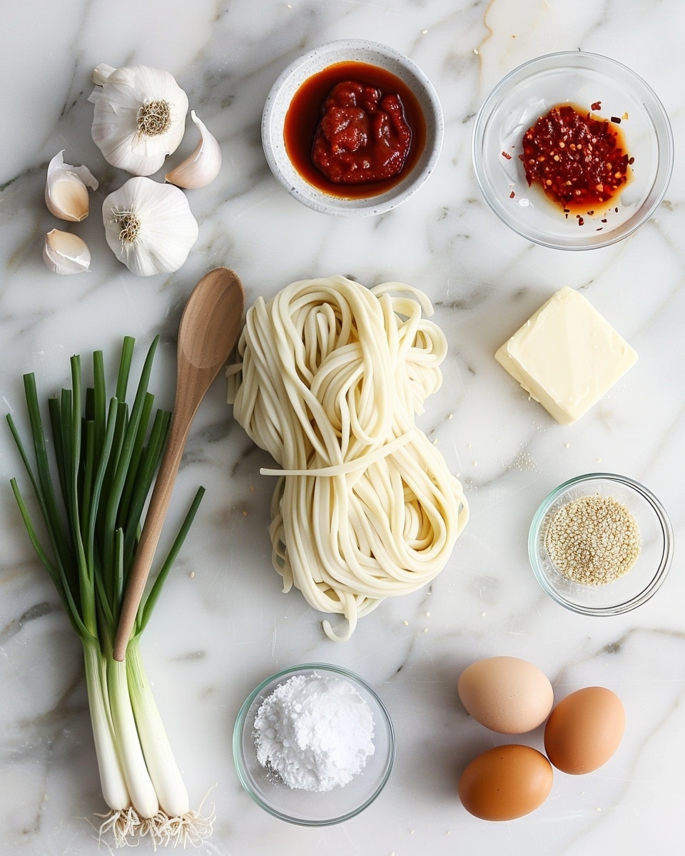 Single white bowl with a close-up view of a plated serving of thick, creamy udon noodles coated in a rich, slightly spicy sauce with red chili flecks, garnished with vibrant green scallions and sprinkled toasted sesame seeds on top, natural lighting highlighting the glossy texture of the noodles, white marble surface underneath, intimate food blog style photo taken with an iphone --ar 4:5 --v 7