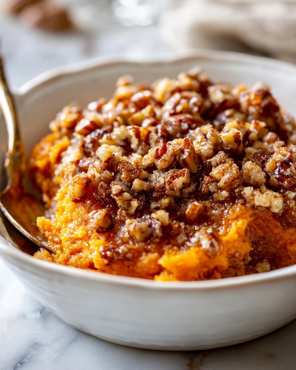 White ceramic baking dish filled with a whole, freshly baked sweet potato casserole topped evenly with a golden-brown, crunchy pecan and brown sugar crumble, glistening under natural light. The casserole is shown fully intact, with the textured topping covering the entire surface, presented on a white marble countertop. The image is a professional 3/4 angle food magazine hero shot emphasizing the warm, inviting richness of the dish. Photo taken with an iphone --ar 4:5 --v 7
