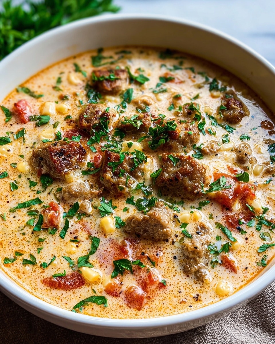 Large white serving bowl filled with creamy Italian sausage soup, showcasing a rich blend of browned sausage chunks, tender corn kernels, diced tomatoes, and fresh parsley throughout a velvety, herb-infused broth, garnished with extra parsley for vibrancy, photographed at a 3/4 angle on white marble countertop with natural lighting, professional food magazine hero shot, photo taken with an iphone --ar 4:5 --v 7