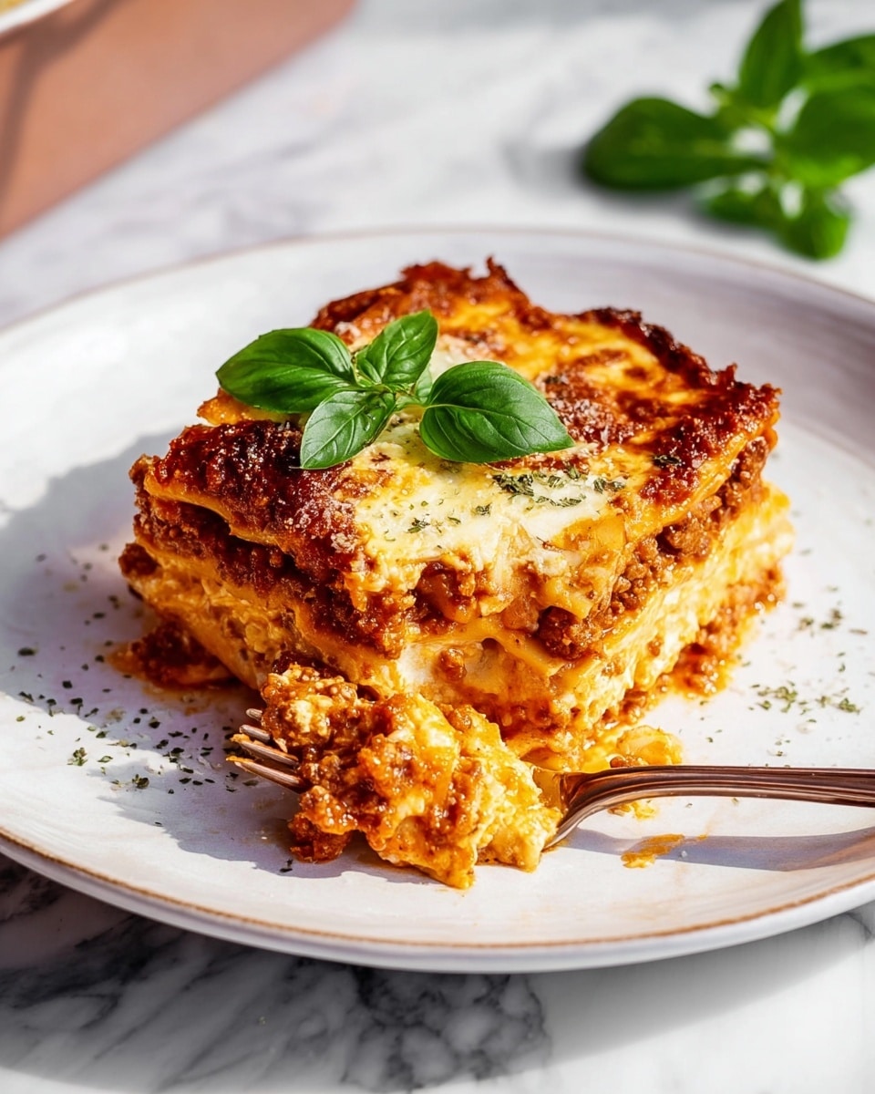 Large white ceramic baking dish filled with a whole golden-brown baked lasagna, showing layers of seasoned ground meat, creamy ricotta cheese, rich tomato sauce, and melted cheese bubbling on top, garnished with fresh basil leaves scattered across the surface, photographed in natural light from a 3/4 angle with the entire dish in frame on a white marble countertop, professional food styling photo taken with an iphone --ar 4:5 --v 7