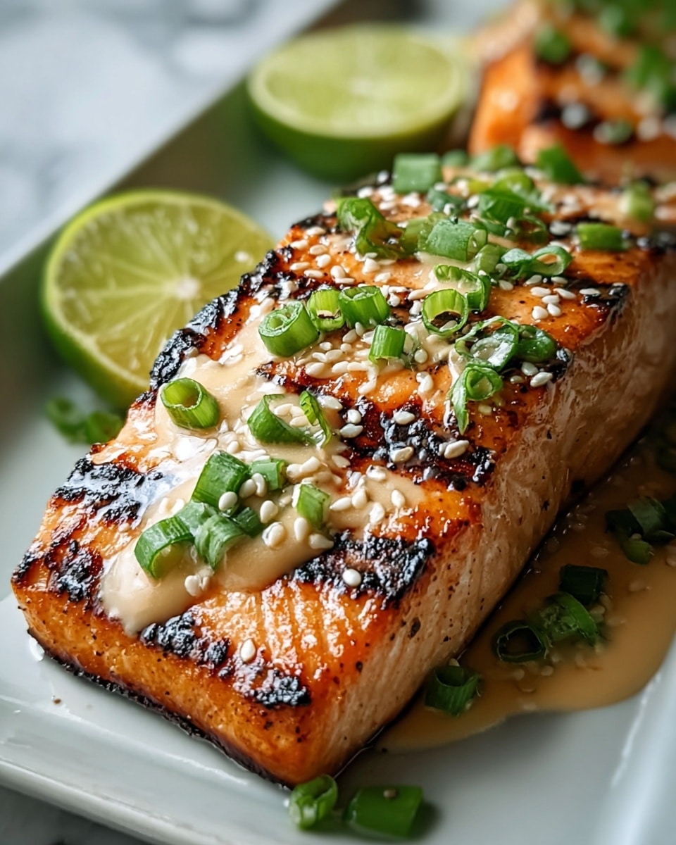 Large white rectangular platter displaying two whole perfectly grilled salmon fillets with char marks, generously drizzled with creamy sauce and garnished with chopped green onions and fresh cilantro leaves, surrounded by several lime wedges arranged neatly, vibrant colors and textures highlighted, photographed from a 3/4 angle on a white marble countertop with natural lighting, professional food styling photo taken with an iphone --ar 4:5 --v 7