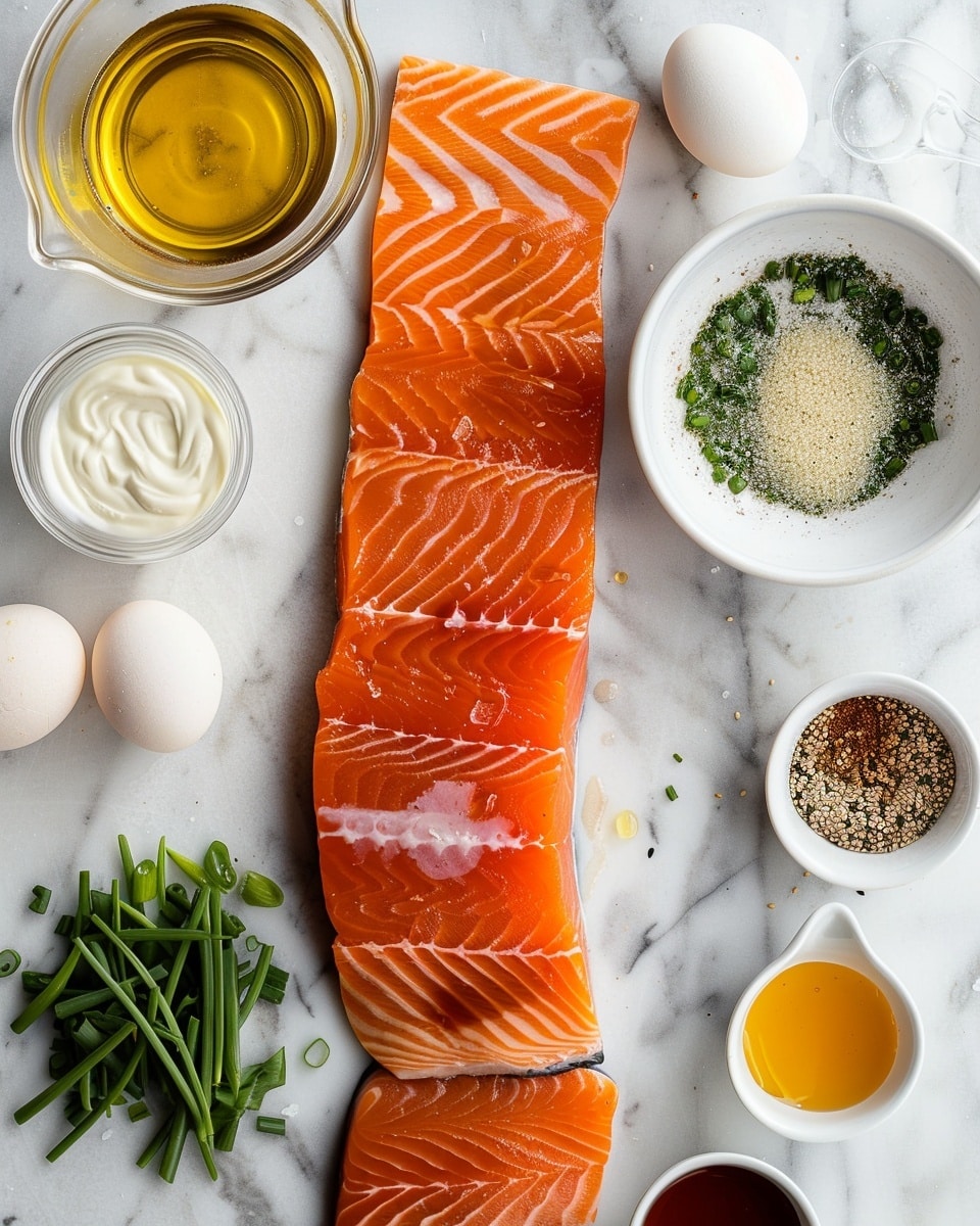 Single white rectangular plate featuring a perfectly seared portion of salmon fillet, close-up angle emphasizing the crispy golden-brown grill marks and tender flaky interior visible at the edge, drizzled with a creamy light sauce, topped with fresh finely chopped green onions and white sesame seeds, garnished with two halves of lime slightly blurred in the background, placed on a white marble surface under natural lighting, styled as a gourmet individual plated serving, photo taken with an iphone --ar 4:5 --v 7