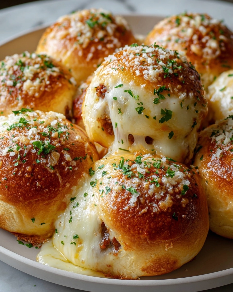 A white round plate filled with a full batch of freshly baked meat and cheese stuffed slider buns, golden brown and shiny on top, each bun generously topped with melted mozzarella cheese that stretches slightly over the sides, sprinkled with finely chopped fresh parsley and grated Parmesan cheese, arranged closely together to show the complete dish, photographed at a 3/4 angle on a white marble surface with natural lighting, resembling a professional food magazine hero shot, photo taken with an iphone --ar 4:5 --v 7