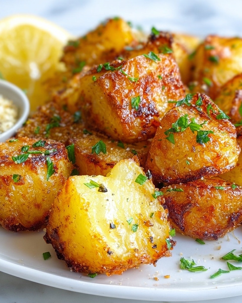 Large white serving platter filled with golden roasted potato chunks, perfectly crisped and seasoned with herbs and spices, accompanied by whole roasted garlic bulbs and a vibrant lemon wedge on the side, garnished with fresh parsley, arranged beautifully to showcase the entire dish, photographed from a 3/4 angle on a white marble background, natural lighting, professional food magazine hero shot, photo taken with an iphone --ar 4:5 --v 7