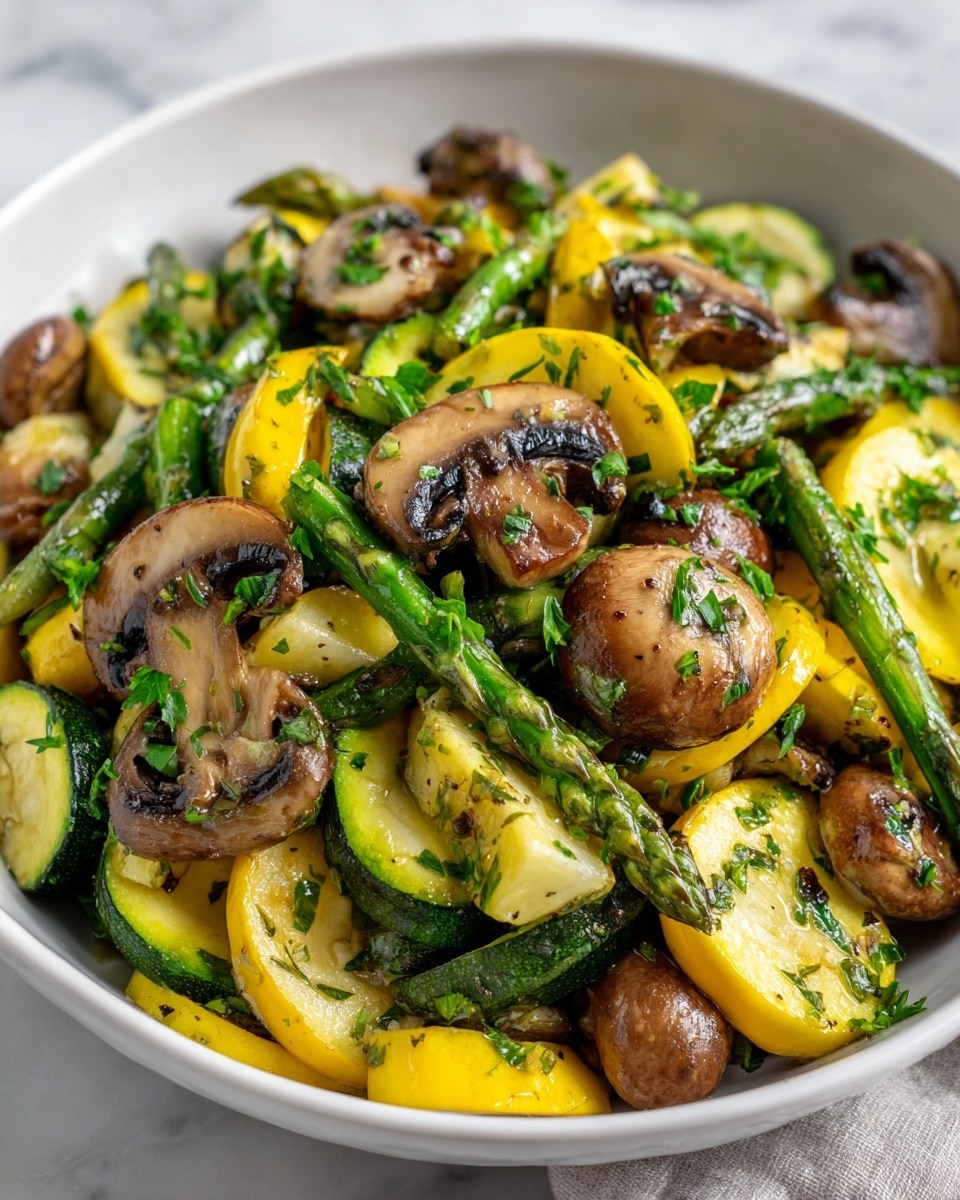 Large white serving bowl filled with vibrant sautéed vegetable medley featuring whole button mushrooms, thick asparagus spears, chunky yellow squash, and tender zucchini pieces, glistening with a light herb-infused olive oil, fresh parsley sprinkled on top for garnish, presented in a bright professional 3/4 angle shot on a white marble countertop with natural lighting, showcasing the entire generous serving of the dish, photo taken with an iphone --ar 4:5 --v 7