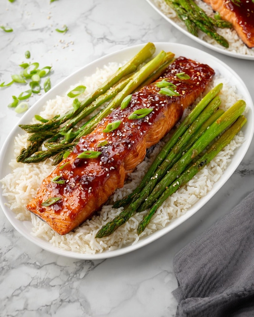 A large white serving platter featuring a whole glazed salmon fillet perfectly roasted to a glossy, caramelized finish, resting atop a bed of steamed white rice and vibrant grilled asparagus spears arranged neatly on the side, garnished with toasted sesame seeds and finely sliced green onions, presented on a pristine white marble countertop under natural lighting, photographed from a professional 3/4 angle to capture the full dish as a hero shot from a food magazine, photo taken with an iphone --ar 4:5 --v 7