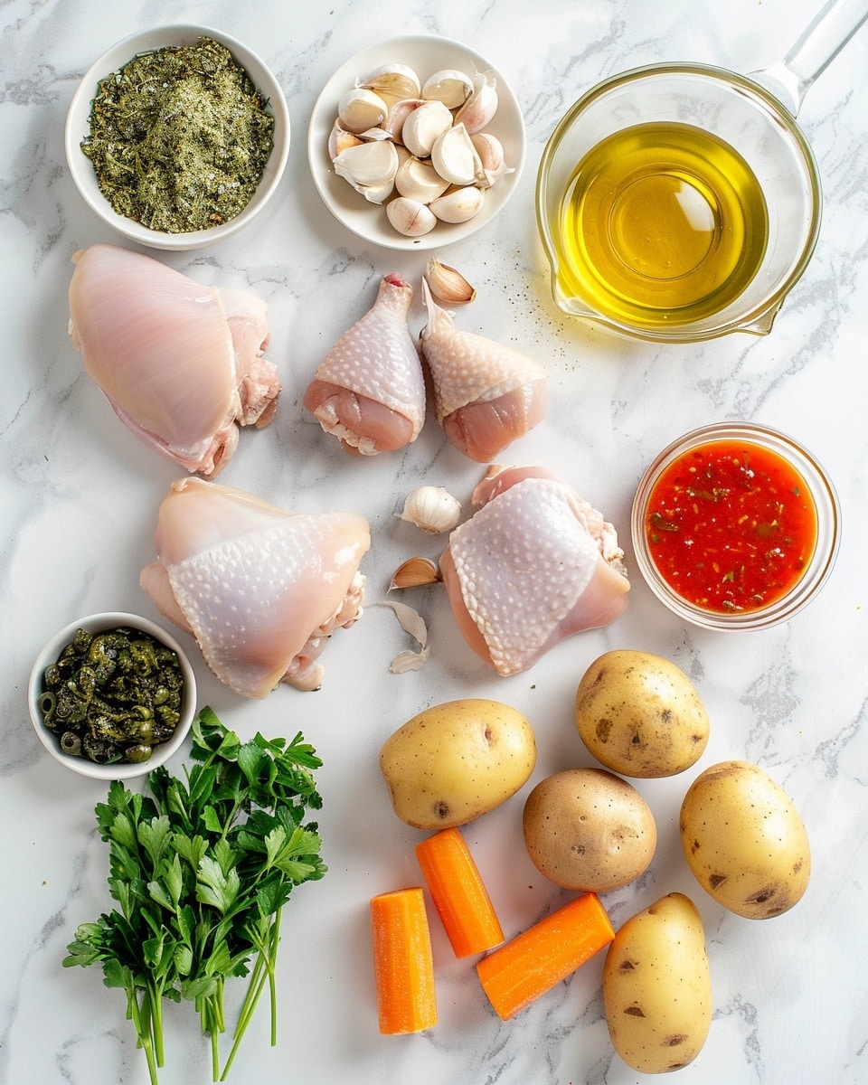Single white bowl with a close-up view of one hearty portion of chunky chicken stew, showcasing tender pieces of chicken, thick slices of carrot, large potato chunks, and whole green olives immersed in a rich, glossy tomato-based broth infused with herbs, steam gently rising, placed on a white marble surface with soft natural lighting, styled for a cozy food blog presentation, photo taken with an iphone --ar 4:5 --v 7
