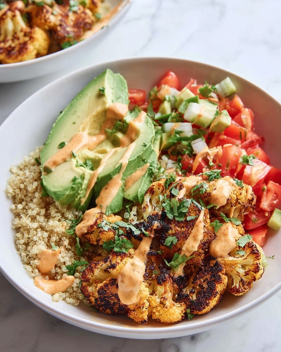 A large white bowl filled with a generous serving of fluffy cooked quinoa, slices of fresh ripe avocado, charred roasted cauliflower florets, vibrant diced tomatoes, and thinly sliced jalapeño peppers, all drizzled with a creamy, spicy orange sauce, garnished with chopped herbs, whole dish presented from a 3/4 angle on a white marble surface with natural lighting, styled like a professional food magazine hero shot, photo taken with an iphone --ar 4:5 --v 7