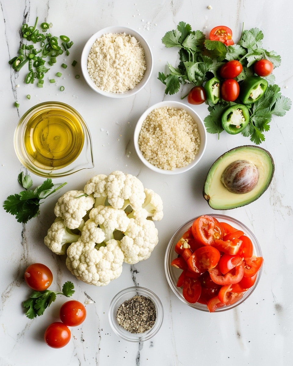 Single white bowl serving of seasoned roasted cauliflower florets, sliced ripe avocado, diced fresh tomatoes, and fluffy cooked quinoa, all drizzled with a creamy, light orange sauce, close-up angled view highlighting the charred edges of the cauliflower and the vibrant colors of the fresh vegetables, garnished with chopped herbs, placed on a white marble surface, natural lighting, styled as a ready-to-eat healthy vegan bowl, photo taken with an iphone --ar 4:5 --v 7