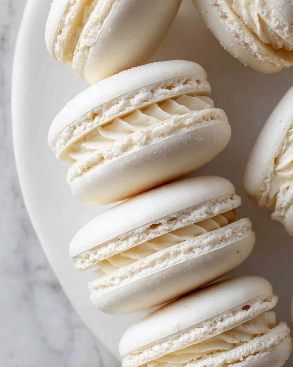 Large white plate filled with an abundant assortment of pristine white macarons, each perfectly rounded with smooth, slightly crisp shells and generous piped filling, arranged neatly in rows to showcase the delicate texture and uniformity of the entire batch, shot from a 3/4 angle on a white marble countertop under soft natural lighting, professional food styling photo taken with an iphone --ar 4:5 --v 7