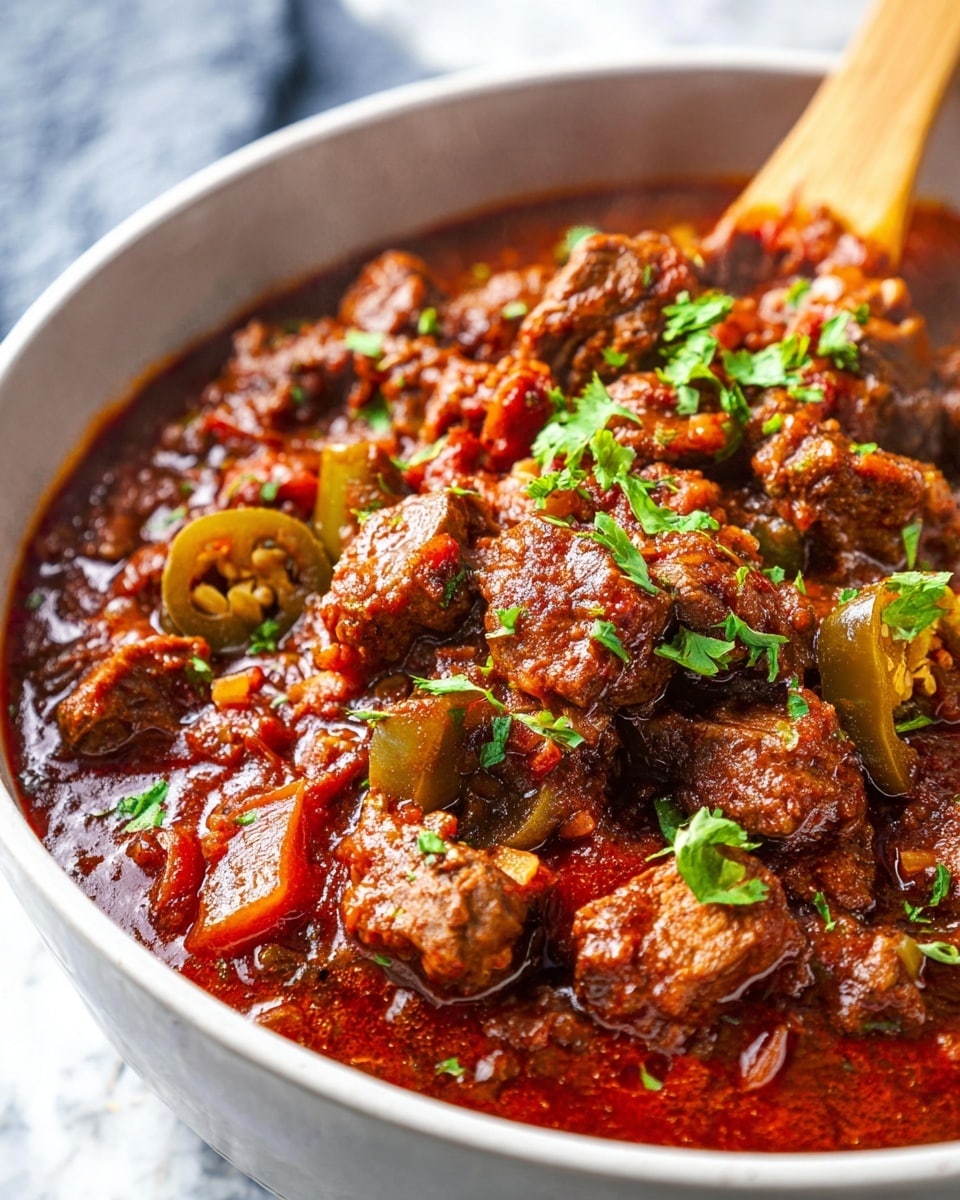 Large round black cast iron pan filled with rich, savory beef stew featuring tender chunks of dark brown beef simmered in a thick, glossy tomato-based sauce with visible pieces of diced tomatoes, onions, green peppers, and a sprinkle of fresh chopped parsley and crushed red pepper flakes on top, the whole dish presented from a 3/4 angle on a white marble countertop, illuminated by natural light, professional food photography style, photo taken with an iphone --ar 4:5 --v 7
