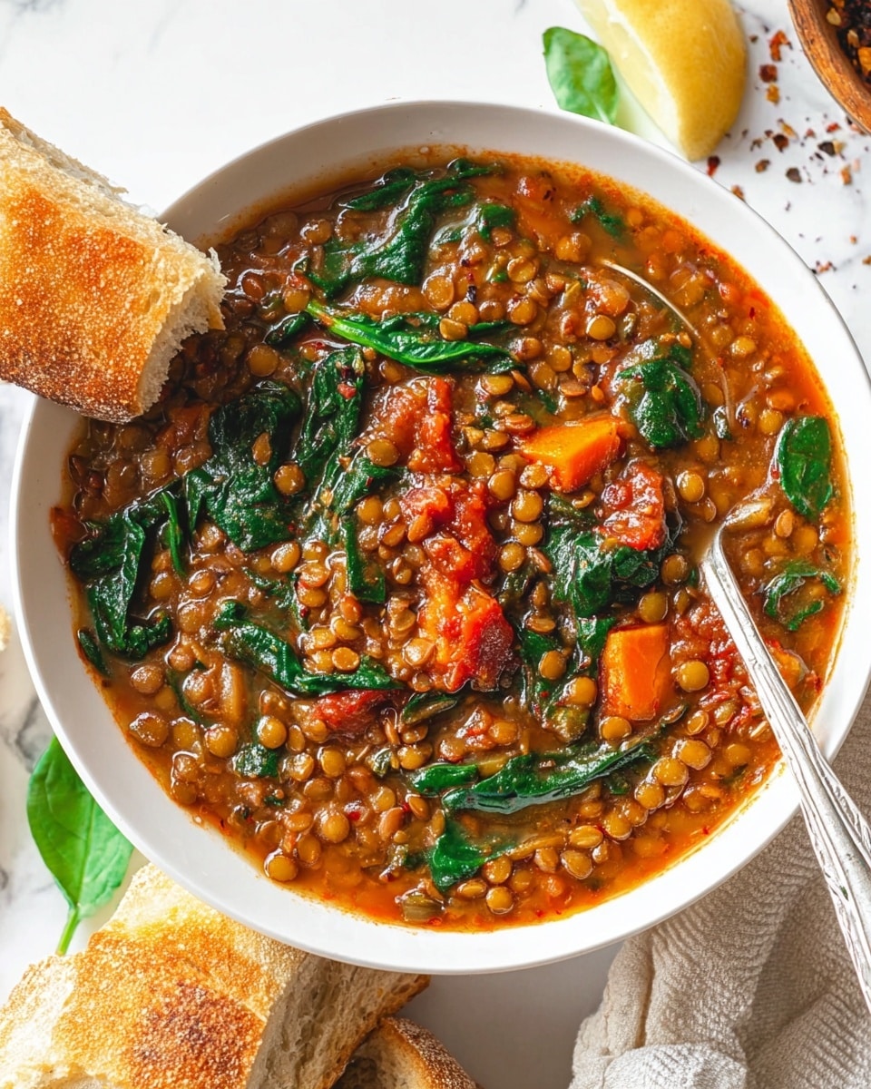 Large white bowl filled to the brim with hearty homemade lentil stew, richly textured with tender lentils, vibrant spinach leaves, diced tomatoes, and chunks of orange carrots, all simmered in a savory spiced tomato broth, accompanied by a few whole pieces of rustic bread on the side, photographed from a 3/4 angle on a white marble countertop with natural lighting, professional food magazine hero shot photo taken with an iphone --ar 4:5 --v 7
