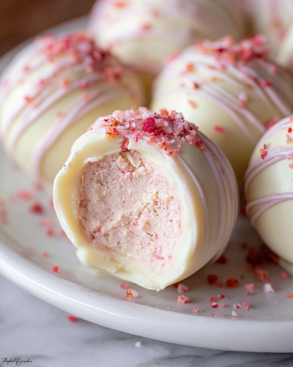 A large white serving plate filled with an abundant arrangement of round white chocolate truffles, each delicately drizzled with white chocolate and topped with a sprinkle of crushed pink freeze-dried strawberry crumbs, showcasing smooth, glossy coatings and a uniform, elegant finish, presented as a full batch, photographed from a professional 3/4 angle on a white marble countertop with natural lighting, styled like a hero shot from a food magazine, photo taken with an iphone --ar 4:5 --v 7