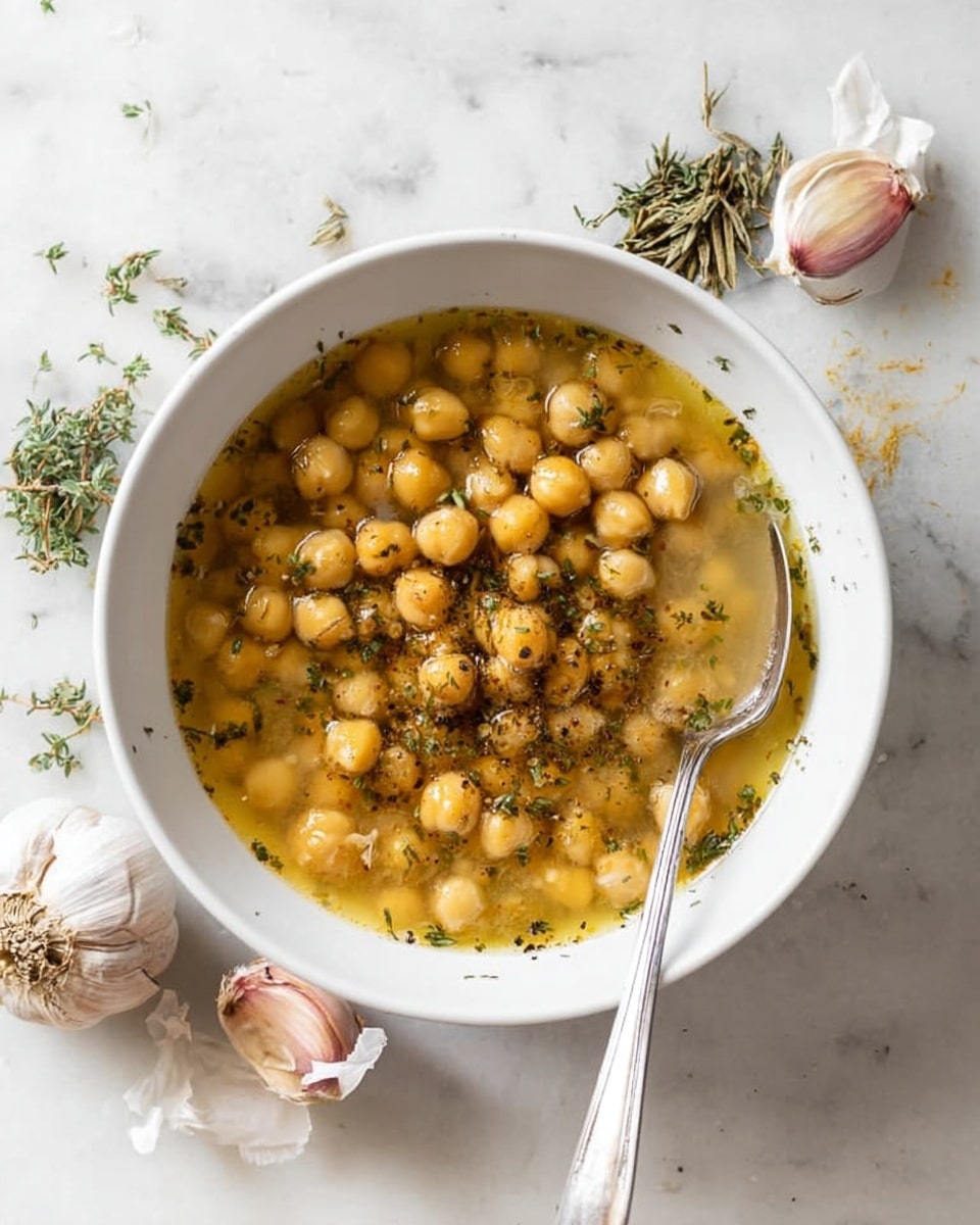 Large white bowl filled with a generous serving of homemade chickpea soup, featuring plump chickpeas simmered in a rich, golden broth seasoned with herbs and cracked black pepper, accompanied by fresh whole garlic bulbs and dried herbs artistically placed around the bowl on a white marble surface, shot from a professional 3/4 angle with natural lighting, styled like a hero food magazine image, photo taken with an iphone --ar 4:5 --v 7