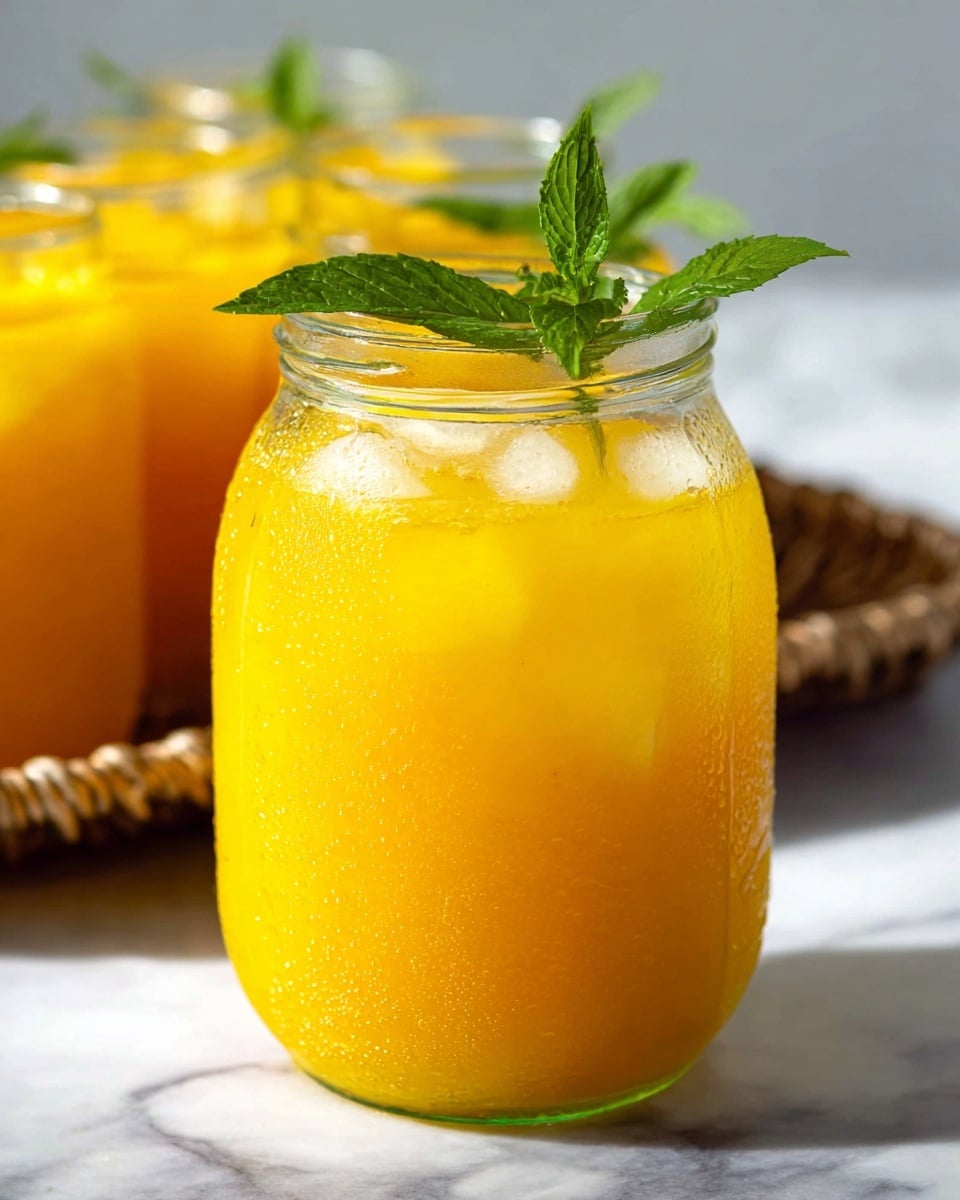 Large clear glass pitcher filled with vibrant, freshly squeezed orange juice with visible ice cubes and bits of green mint leaves floating throughout, showcasing condensation droplets on the outside of the pitcher, set against a white marble surface with natural lighting, professional food styling photo taken with an iphone --ar 4:5 --v 7