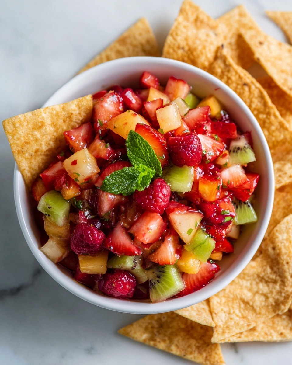 Large white bowl filled with fresh, colorful fruit salsa made from diced strawberries, kiwi, raspberries, and melon, garnished with a sprig of mint, accompanied by multiple golden, crisp tortilla chips arranged around the bowl, whole dish photographed from a 3/4 angle on a white marble countertop under natural lighting, professional food styling photo taken with an iphone --ar 4:5 --v 7